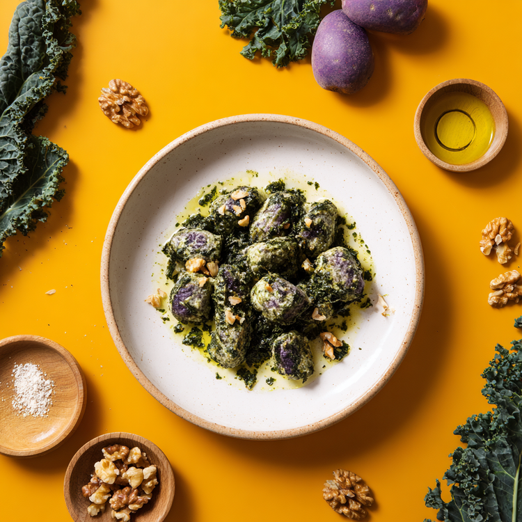 Gnocchi di Patate Viola con Pesto di Cavolo Nero e Noci