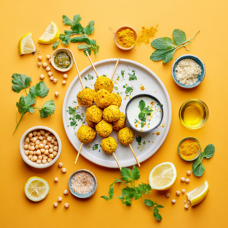 Spiedini di Polpette di Ceci e Curcuma con Salsa allo Yogurt Vegetale