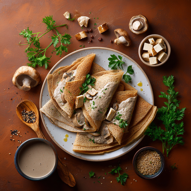 Crespelle di Grano Saraceno con Crema di Funghi Porcini e Tofu Affumicato