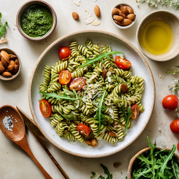 Pasta di Riso con Pesto di Rucola, Pomodorini e Mandorle